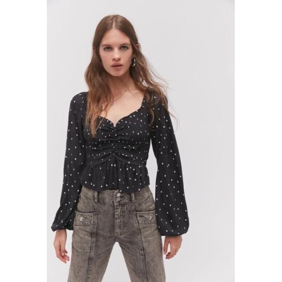 Urban Outfitters 100% Viscose Polka Dots Black Long Sleeve Top Size Small NWT - Picture 1 of 12